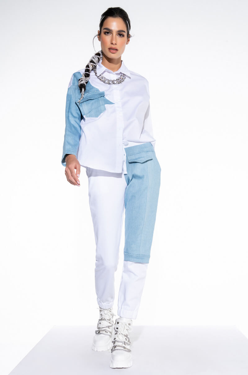 Side View Anytime Anywhere Denim Patch Button Down