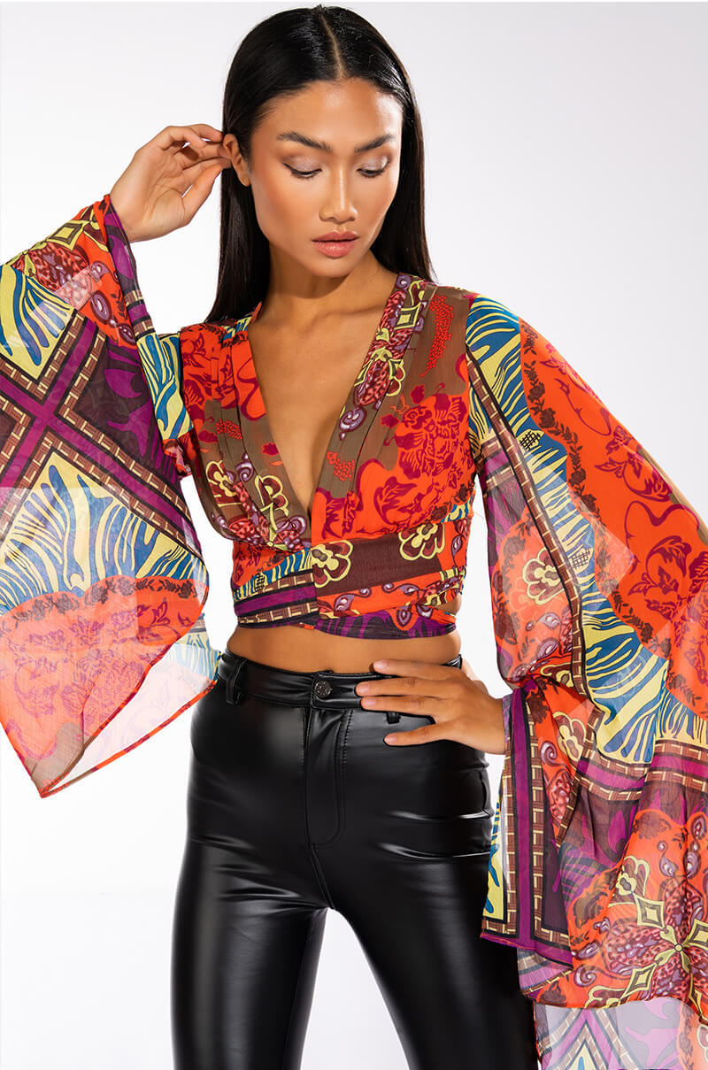 ANYWHERE I GO CROPPED TIE FRONT CHIFFON BLOUSE view 0