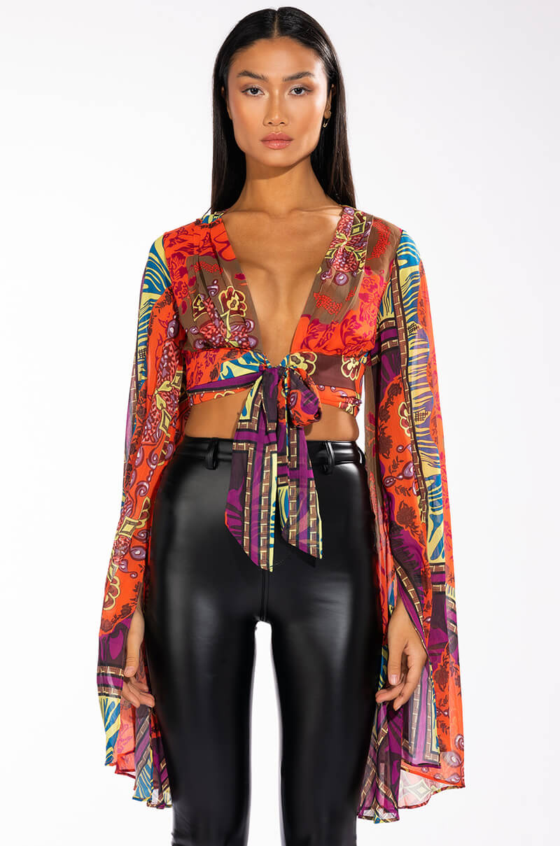 Back View Anywhere I Go Cropped Tie Front Chiffon Blouse
