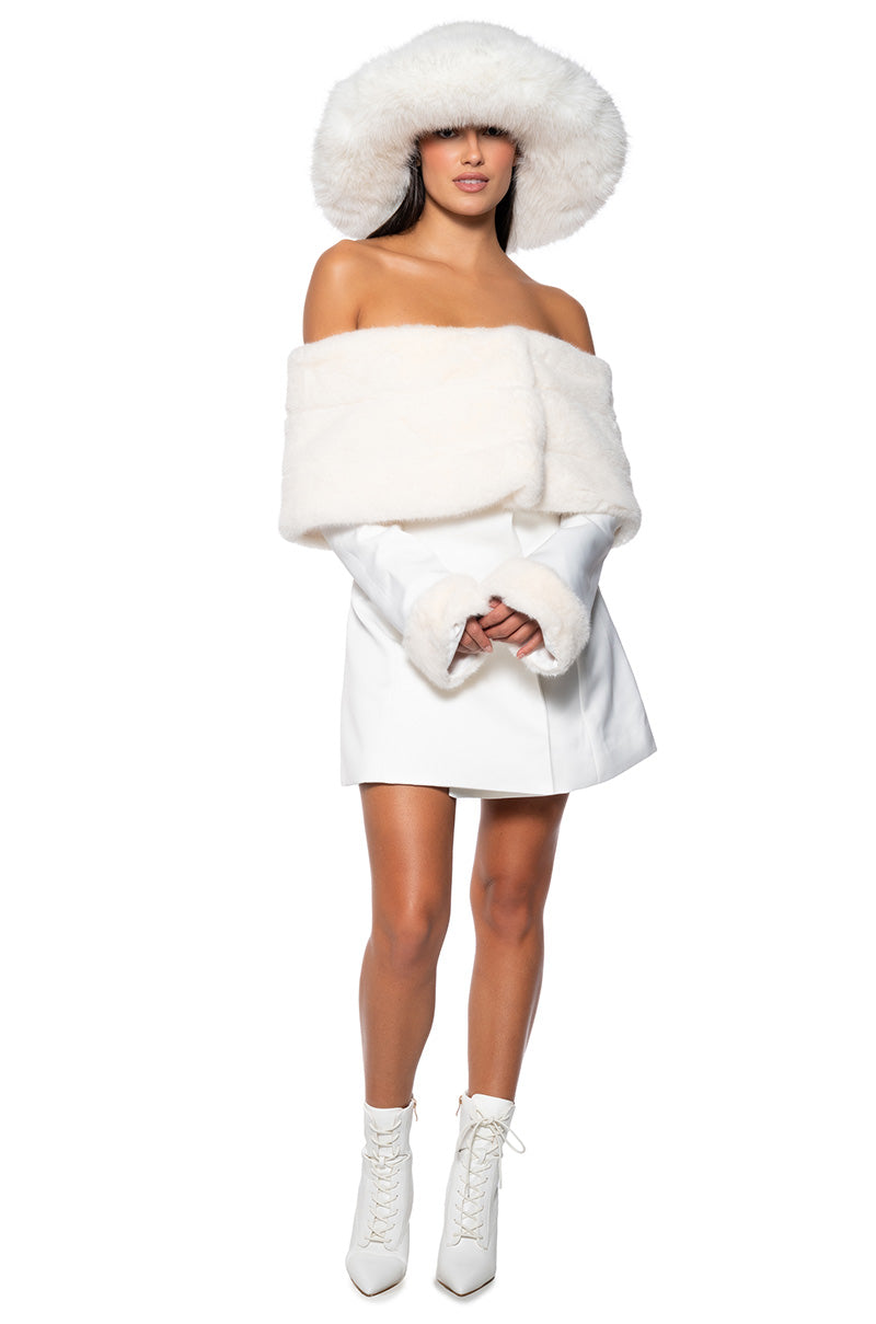 APRES SKI OFF SHOULDER FAUX FUR MINI DRESS – AKIRA