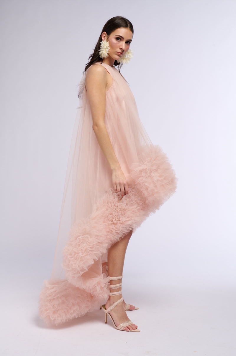 ARI TULLE RUFFLE HIGH LOW MINI DRESS IN BLUSH – AKIRA