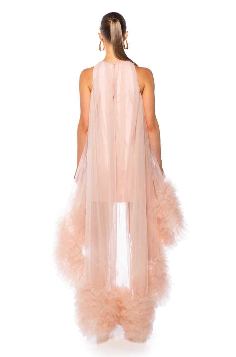 Tulle Dust Ruffle ARI TULLE RUFFLE HIGH LOW MINI DRESS IN BLUSH β AKIRA