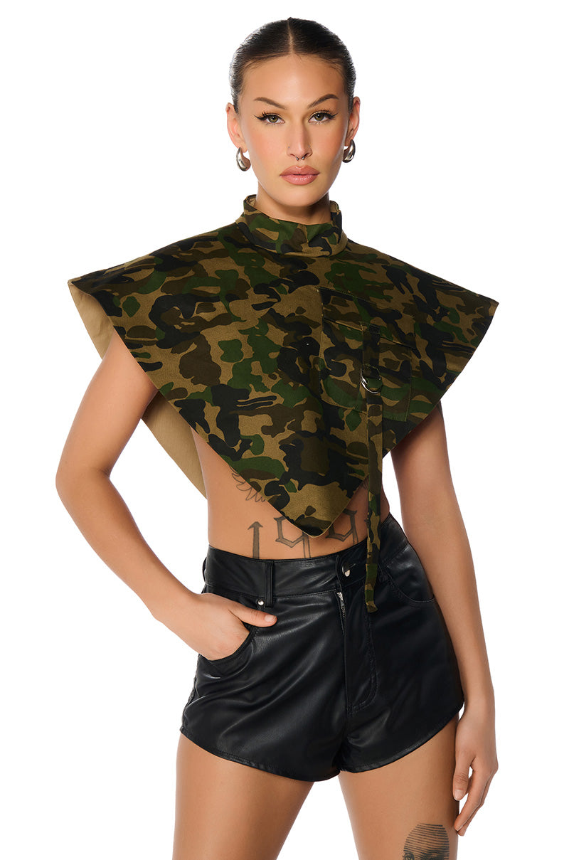 Front View Aria Camo Print Mock Neck Triangle Blouse