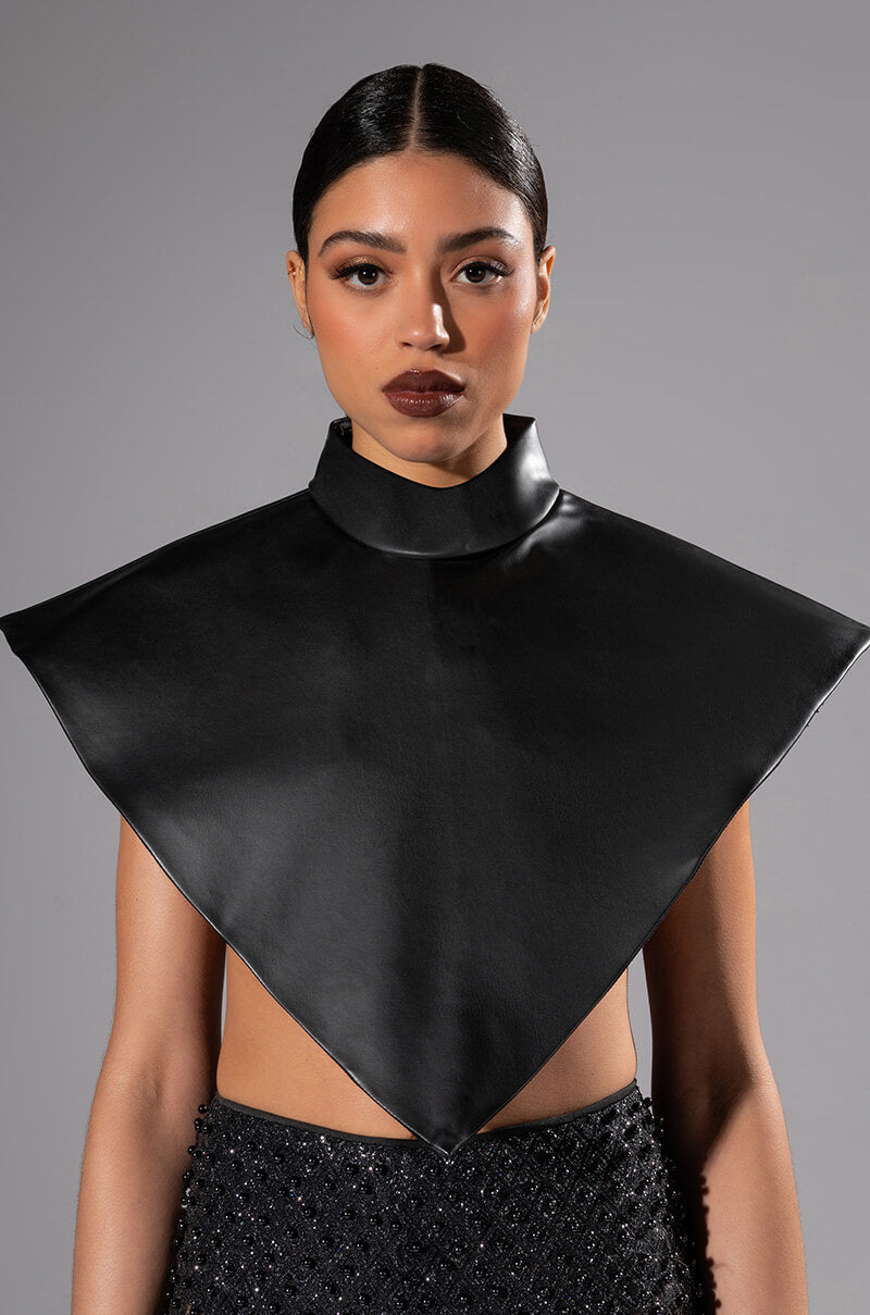 Front View Aria Faux Leather Mock Neck Triangle Blouse