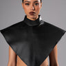 Front View Aria Faux Leather Mock Neck Triangle Blouse