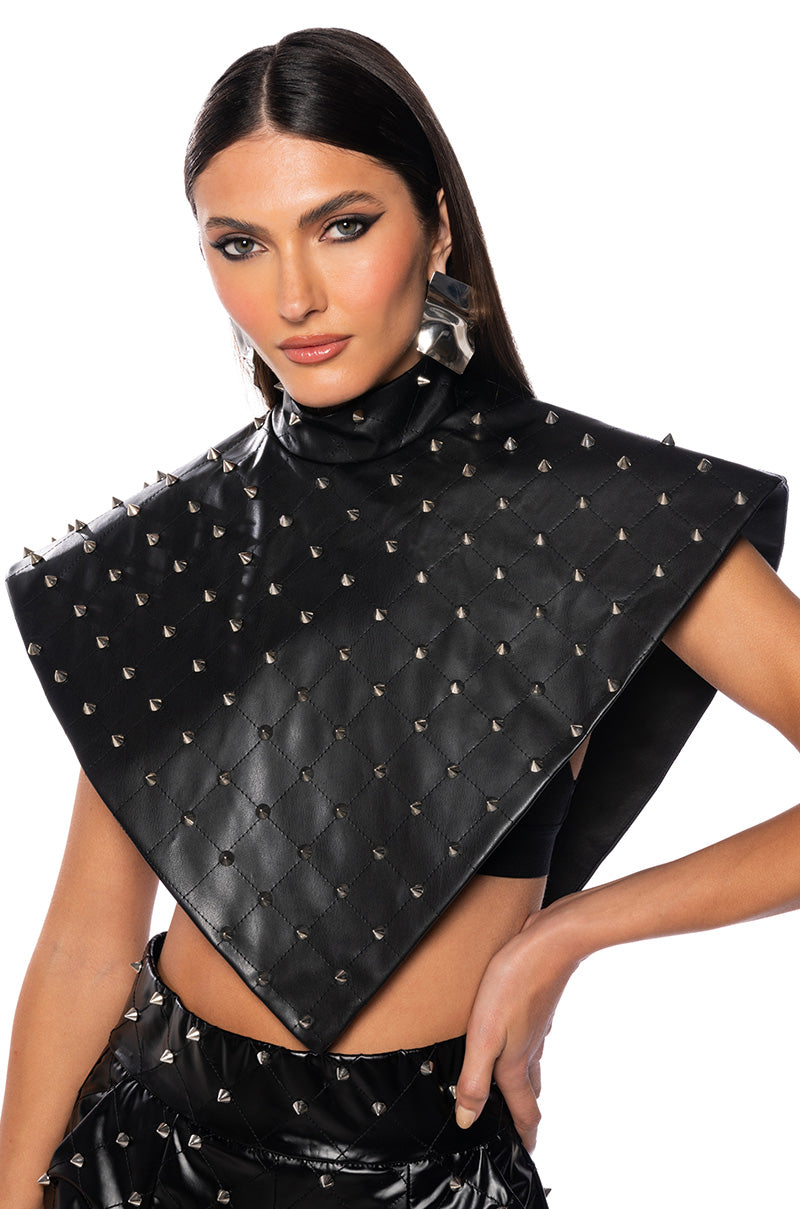 Front View Aria Faux Leather Stud Mock Neck Triangle Blouse
