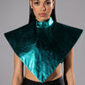 Front View Aria Metallic Faux Leather Mock Neck Triangle Blouse