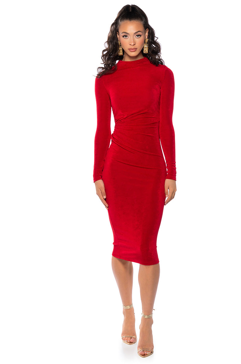 Front View Ariana Ruched Long Sleeve Funnel Neck Midi Dress In Red