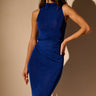 Front View Ariana Ruched Sleeveless Funnel Neck Midi Dress In Blue