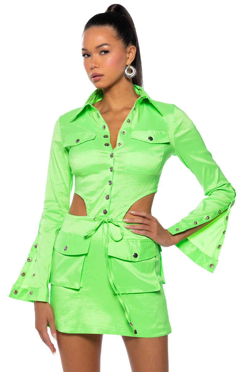 Front View Arielle Open Back Cargo Mini Dress In Lime