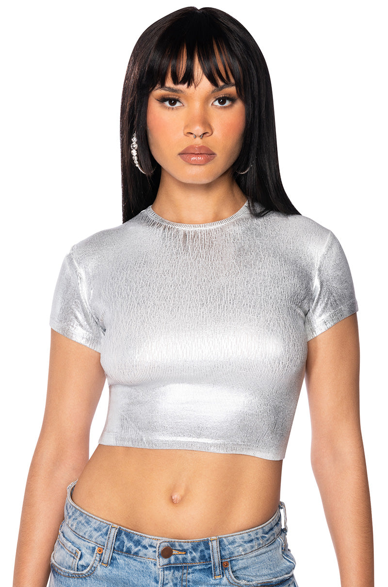 Front View Aries Metallic Rib Short Sleeve T Shirt In White