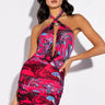 Front View As Is Swirl Print Mesh Cowl Mini Dress