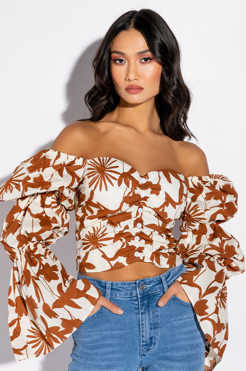 Front View Aster Off The Shoulder Floral Blouse