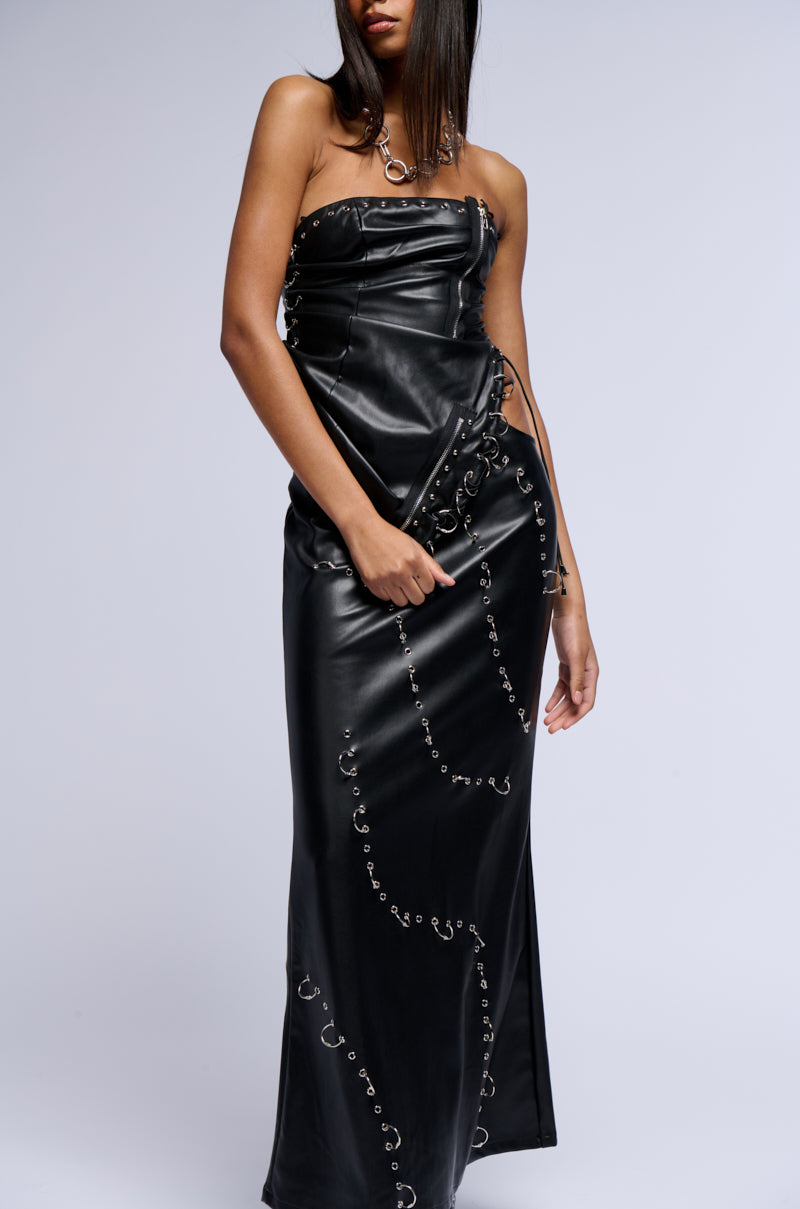 Back View Astin Pierced Faux Leather Maxi Skirt