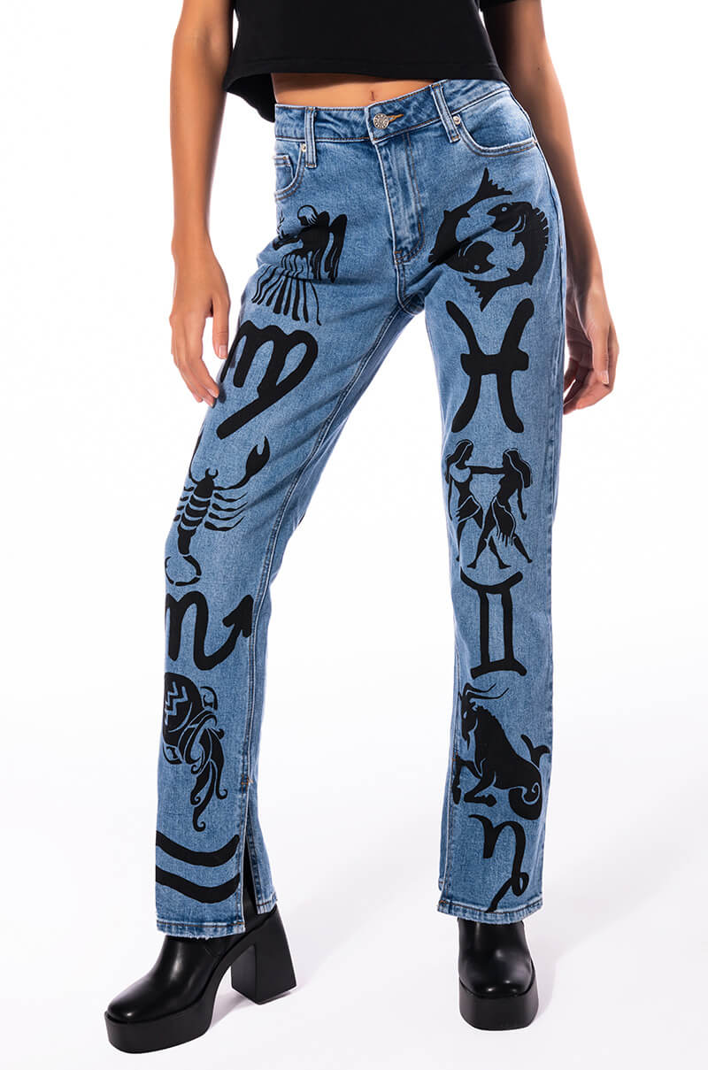 Front View Astrological Printed High Rise Straight Leg Jean