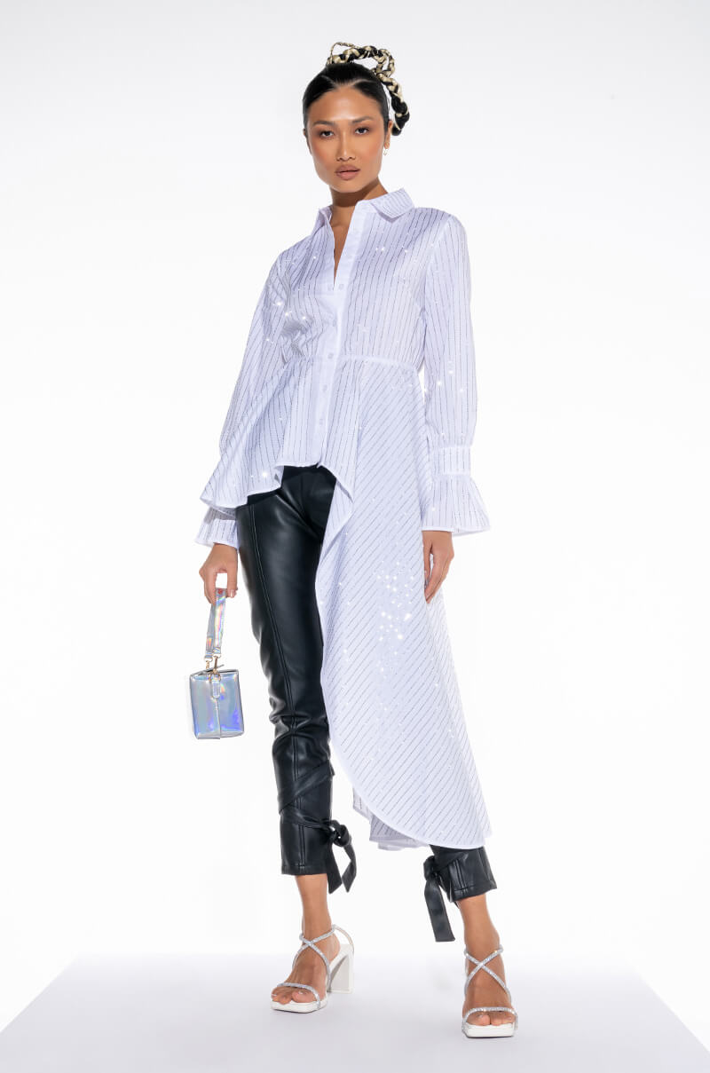Front View Asymmetrical Poplin Rhinestone Button Down Blouse