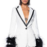 Front View Atlantic City Contrast Trim Blazer With Feather Cuffs