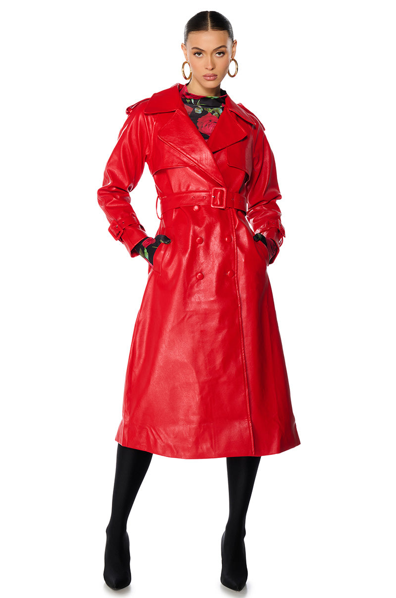 AU REVOIR FAUX LEATHER TRENCH IN RED view 0