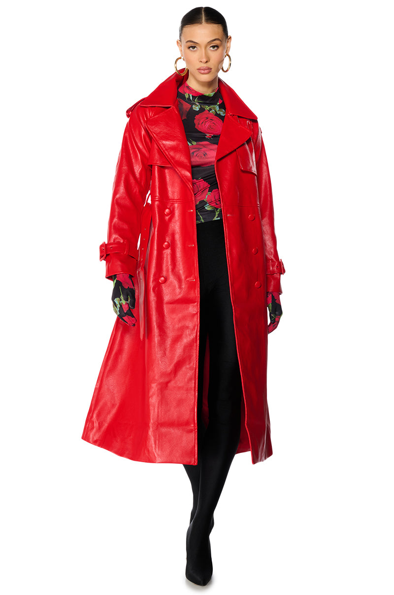 Back View Au Revoir Faux Leather Trench In Red