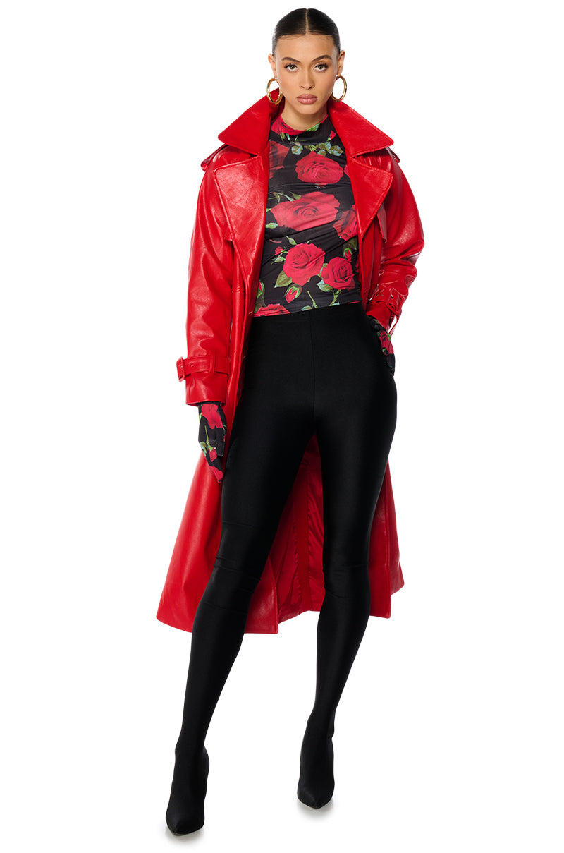 Detail View Au Revoir Faux Leather Trench In Red