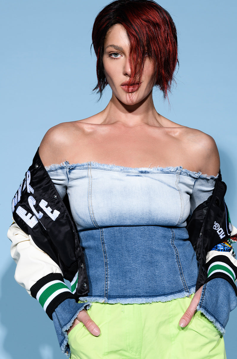 Front View Aura Off The Shoulder Denim Top