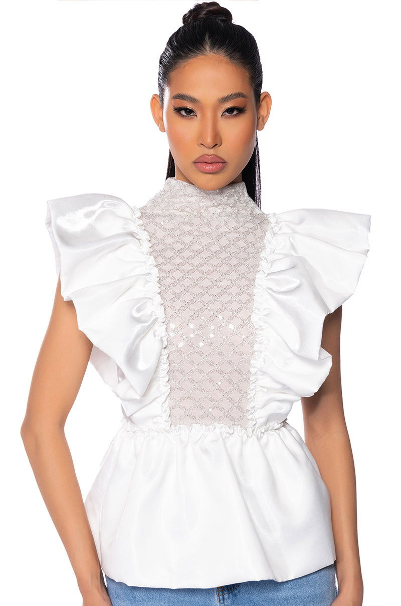 Front View Aurora Beaded Panel Blouse In White