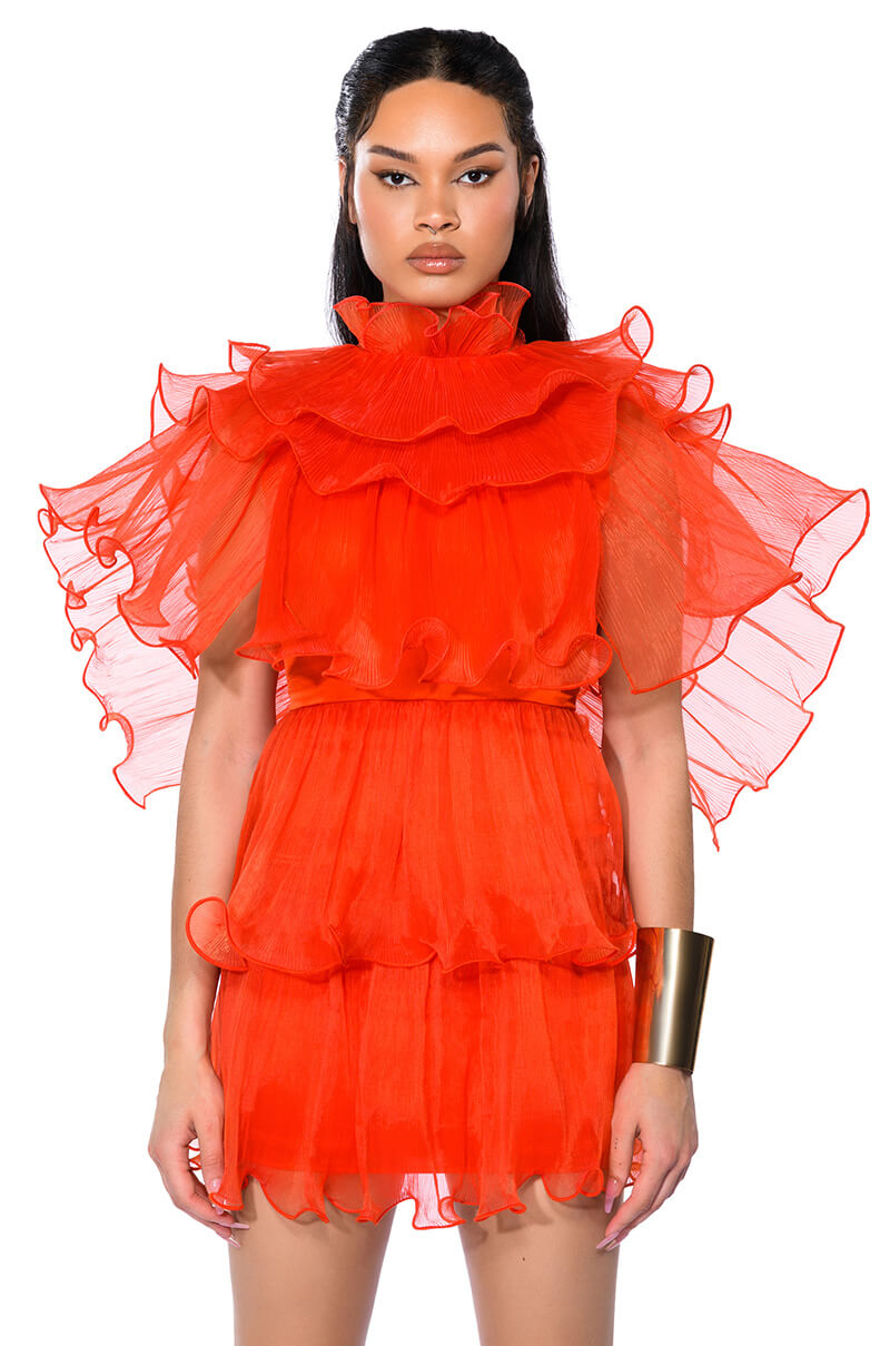 Front View Aurora Organza Tiered Statement Mini Dress