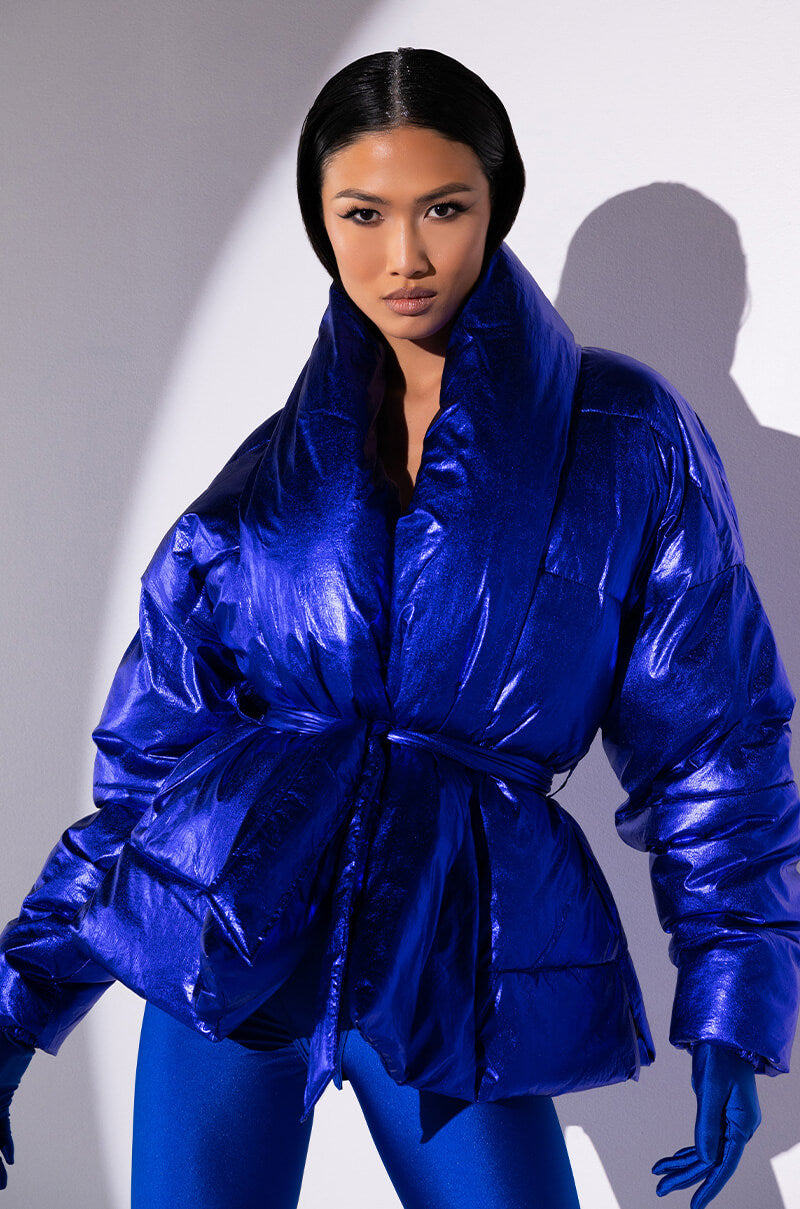 Front View Aurtura Luxe Metallic Blue Puffer Coat 0