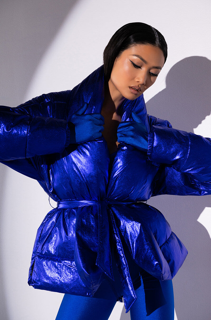 Side View Aurtura Luxe Metallic Blue Puffer Coat 1