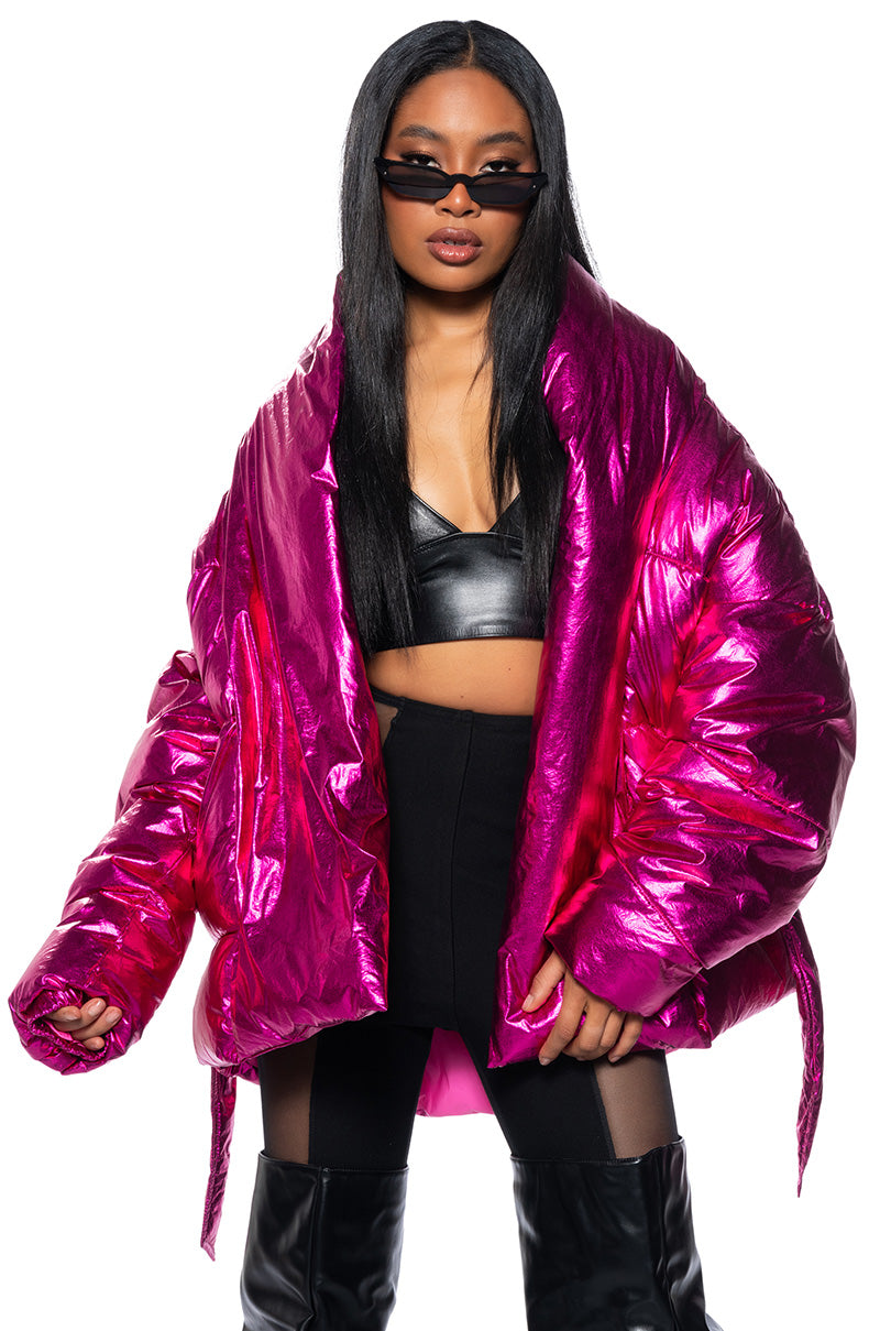 Side View Aurtura Luxe Metallic Pink Puffer Coat