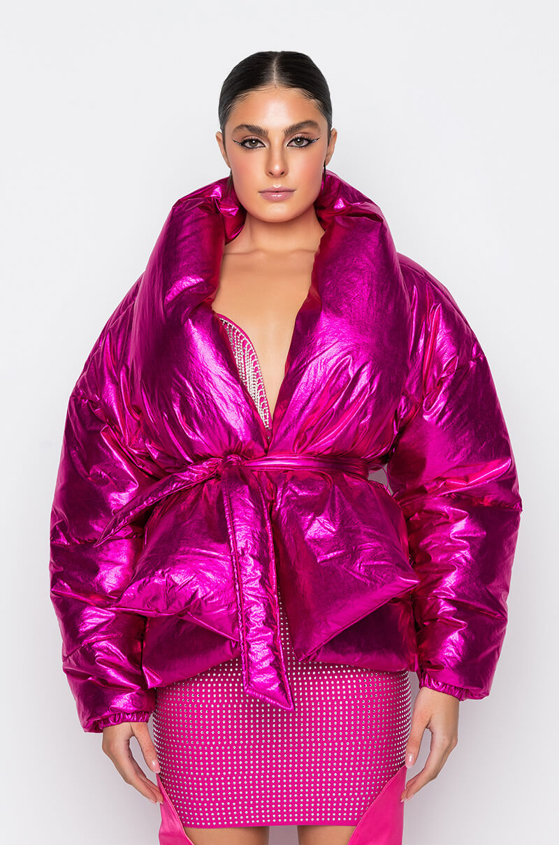 Back View Aurtura Luxe Metallic Pink Puffer Coat