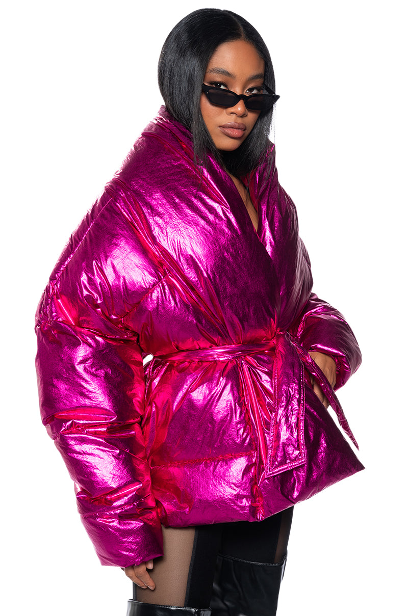 Back View Aurtura Luxe Metallic Pink Puffer Coat