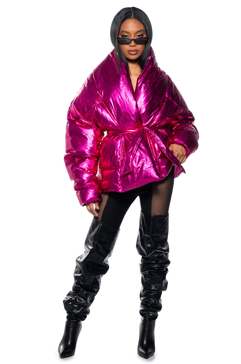 Detail View Aurtura Luxe Metallic Pink Puffer Coat