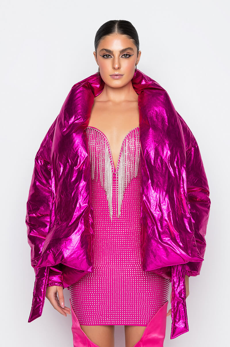 Detail View Aurtura Luxe Metallic Pink Puffer Coat