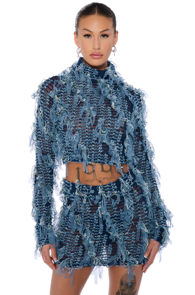 Front View Avalynn Textured Long Sleeve Crop Top