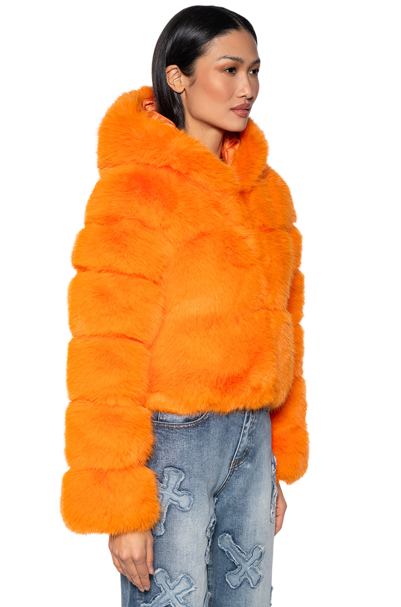 Side View Avi Faux Fox Fur Coat In Orange