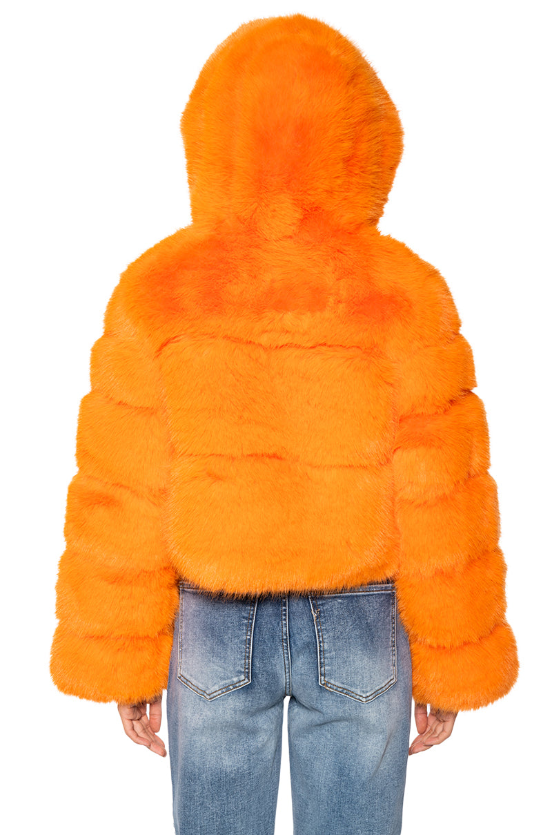 Full View Avi Faux Fox Fur Coat In Orange