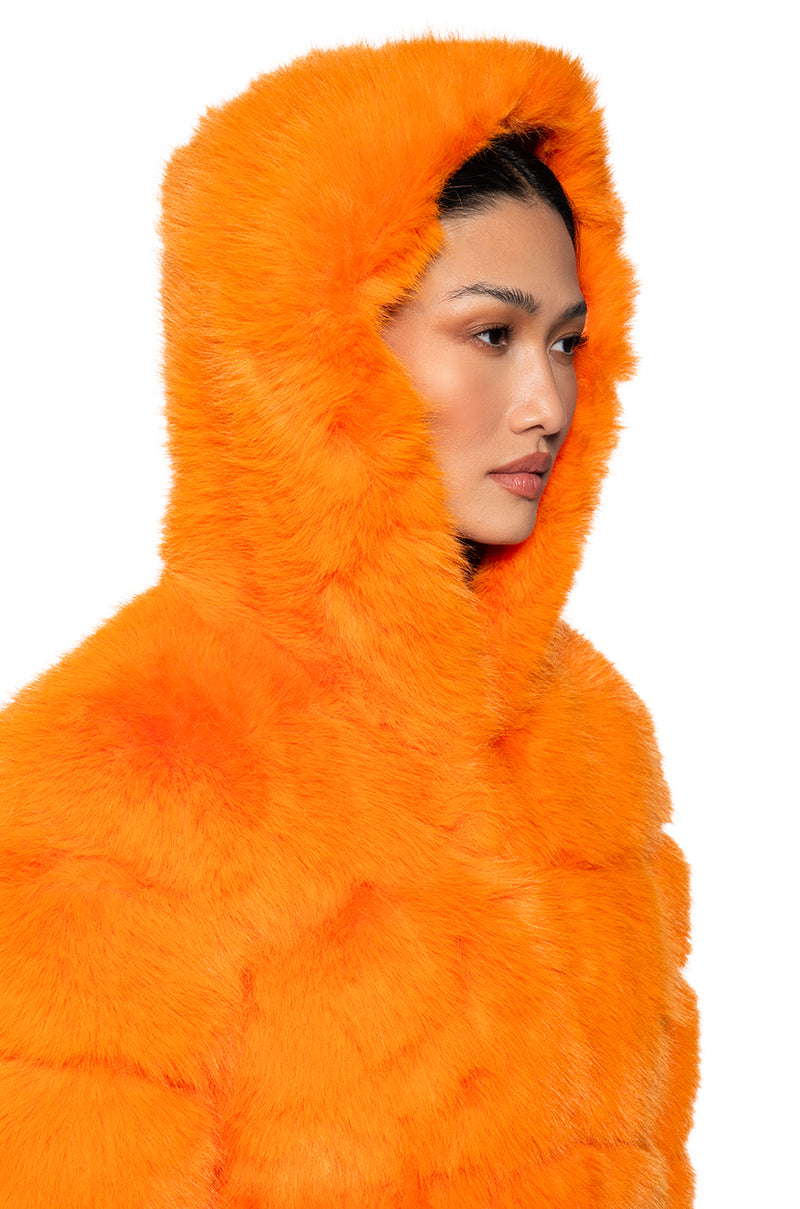 Extra View Avi Faux Fox Fur Coat In Orange