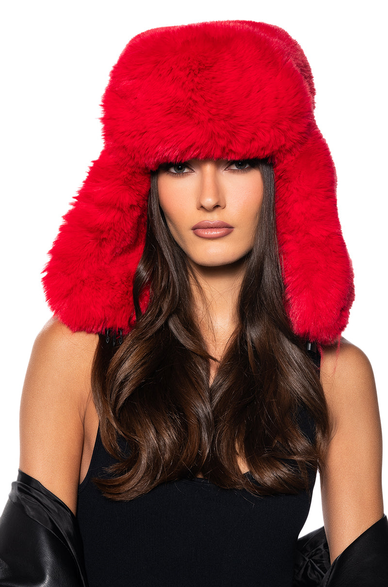 Front View Avi Faux Fur Hat In Red