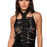 Front View Aviana Braided Faux Leather Halter Neck Top