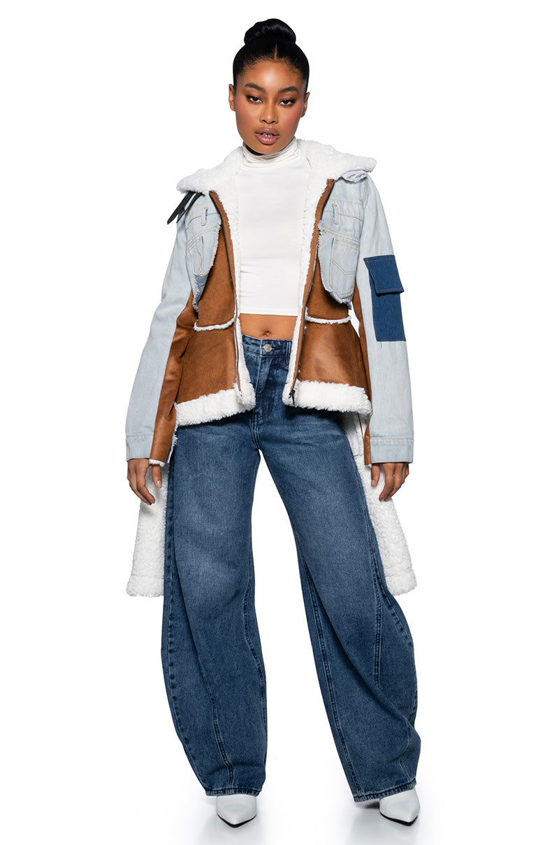 AVIATOR SHEARLING TRENCH DENIM JACKET view 0