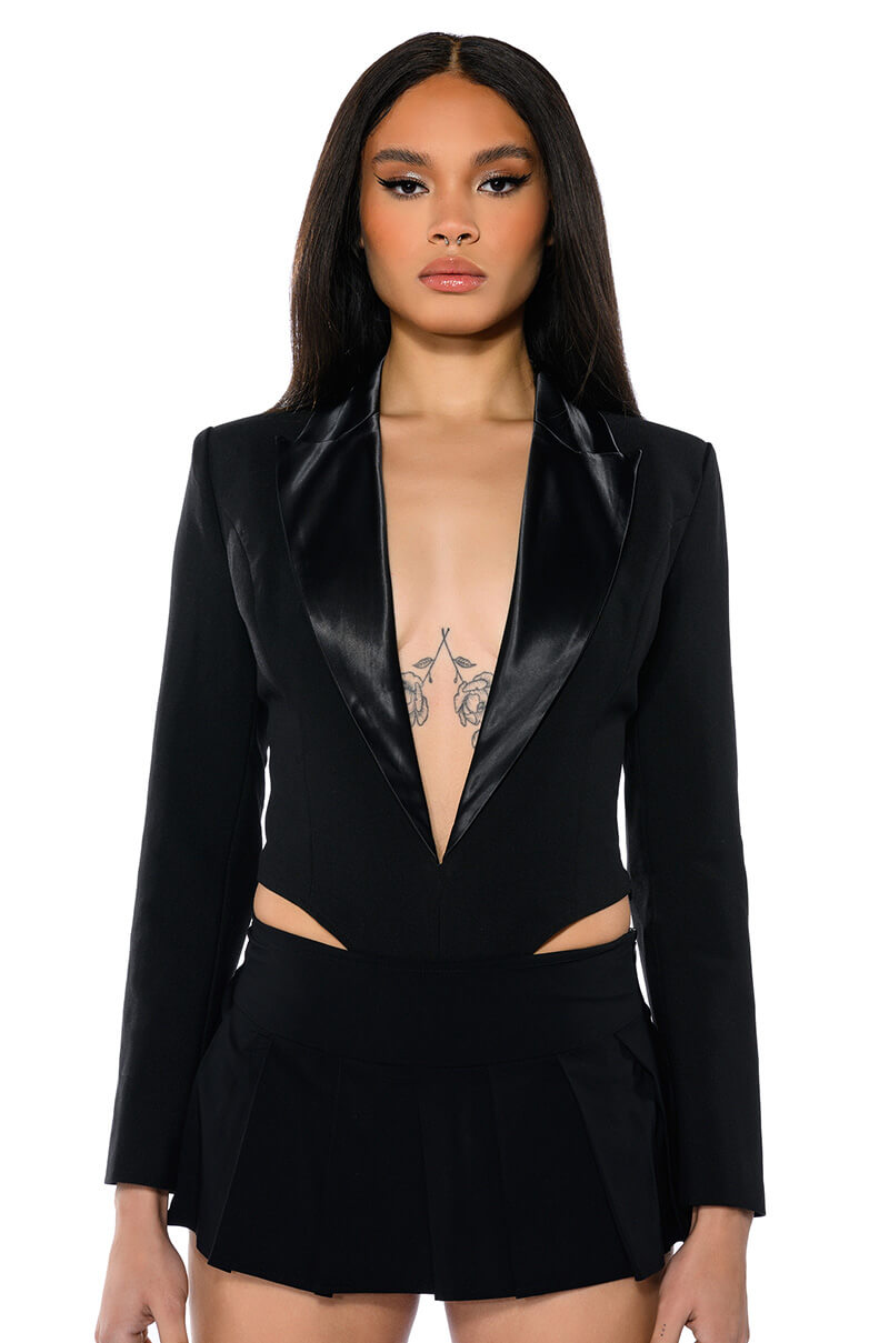 Front View Award Me V Neck Blazer Bodysuit