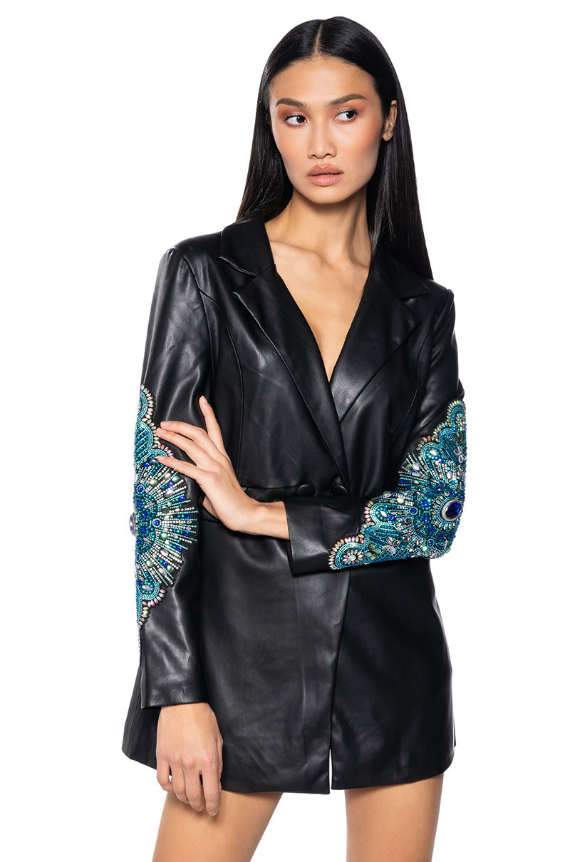Front View Axelle Embellished Pu Blazer