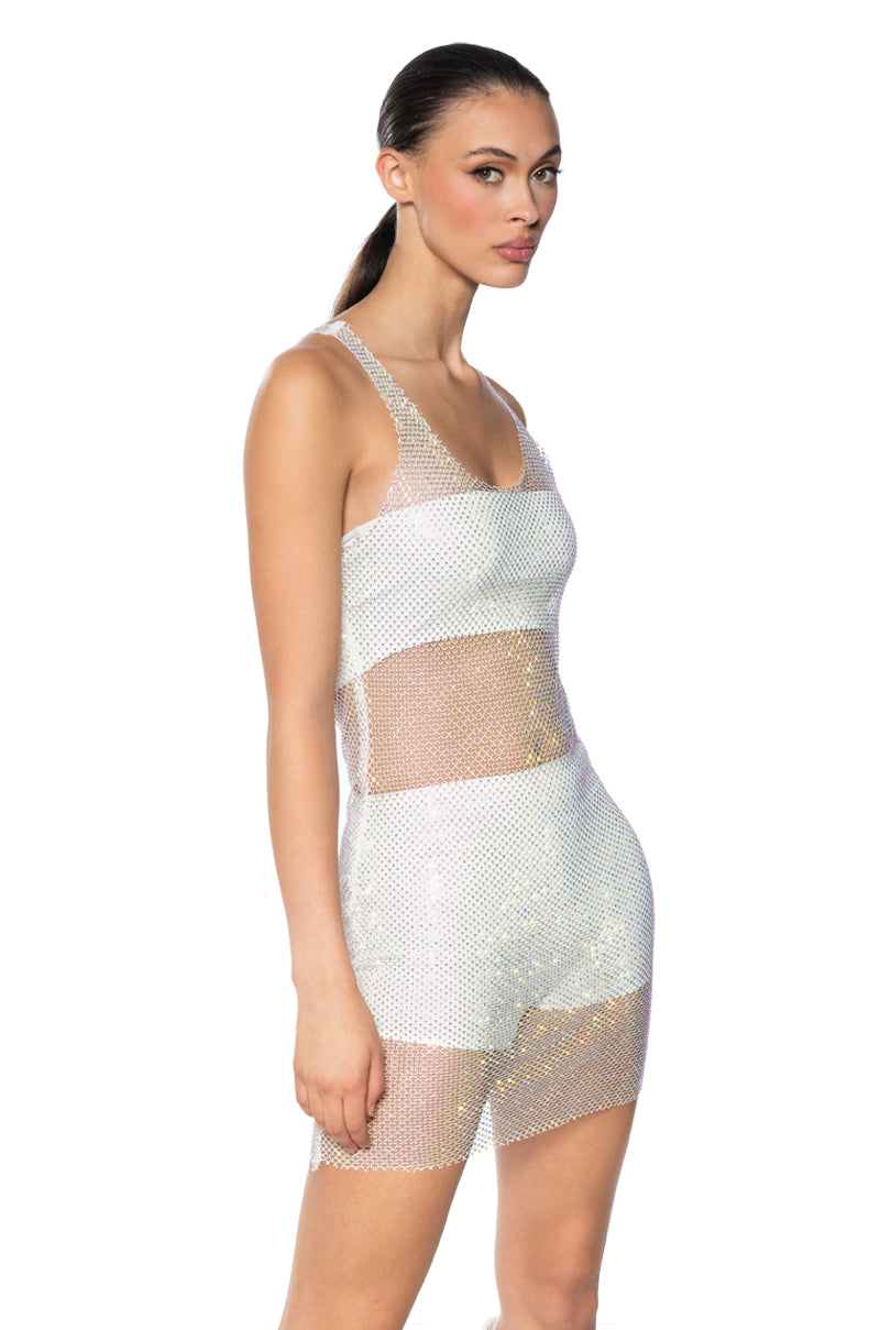 Side View Ayla Rhinestone Mesh Midi Dress In White