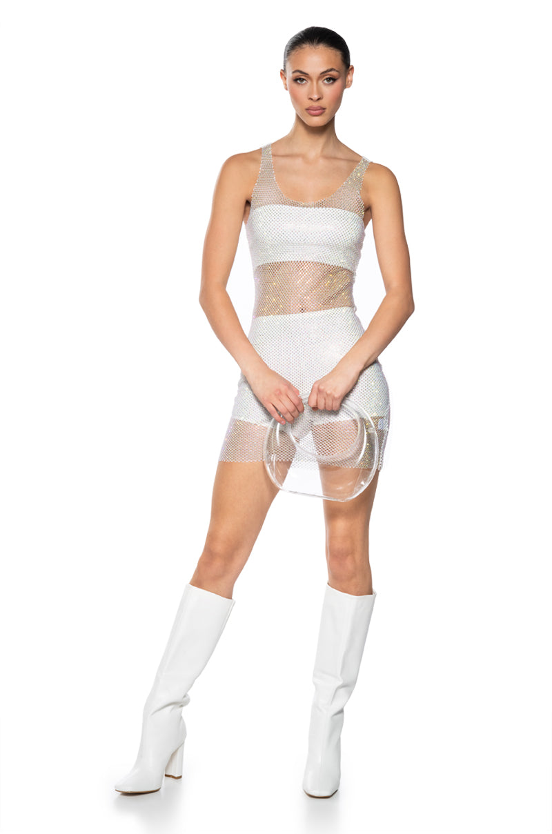 Back View Ayla Rhinestone Mesh Midi Dress In White