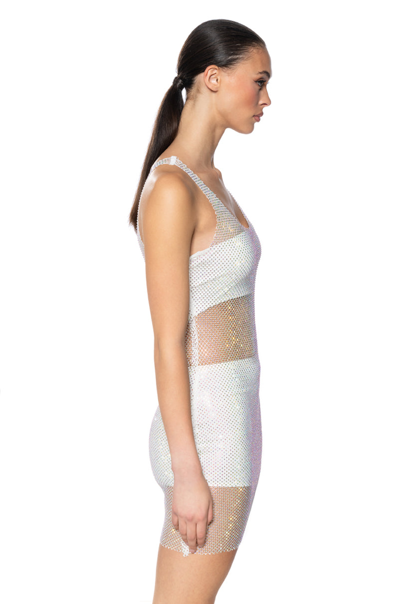 Detail View Ayla Rhinestone Mesh Midi Dress In White