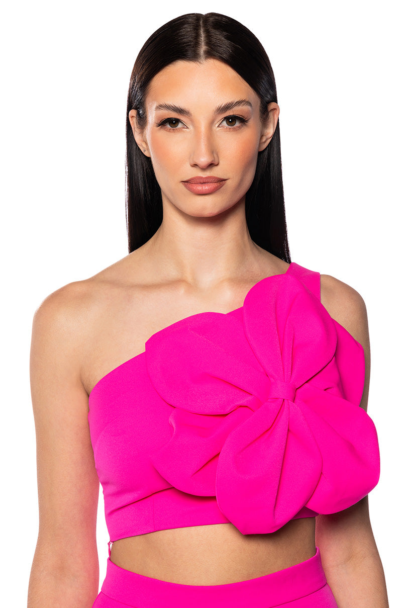Front View Azalea Asymmetric Applique Crop Top In Pink