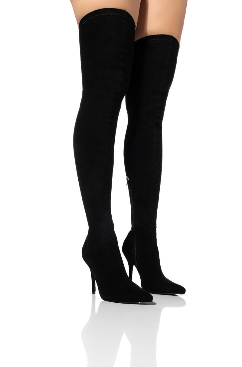 Front View Azalea Wang  Your Friends Are Taking You Out Thigh High Sexy Heel Suede Boot In Black
