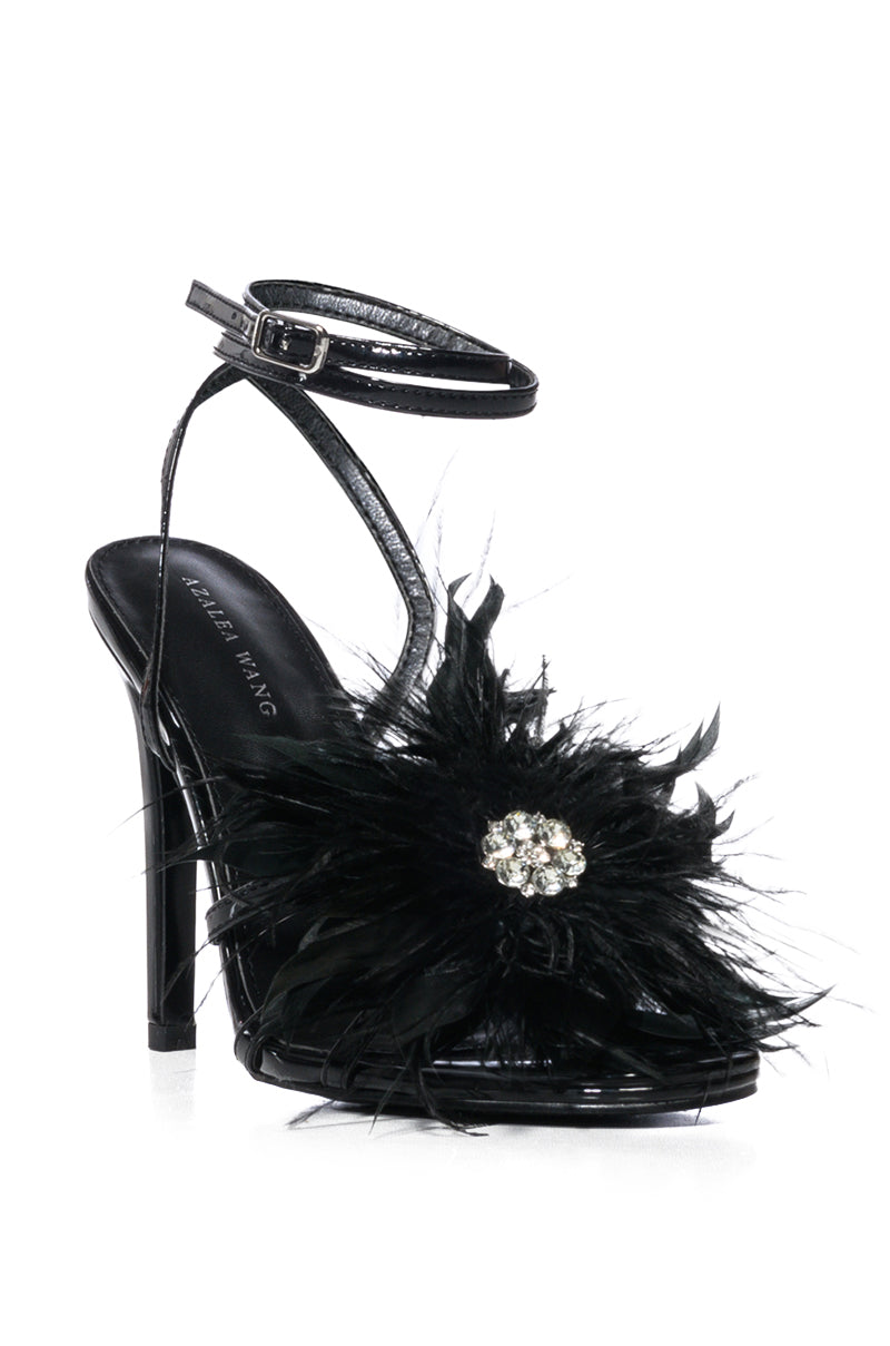 Back View Azalea Wang Above And Beyond Feather Flower Decor Sandal In Black