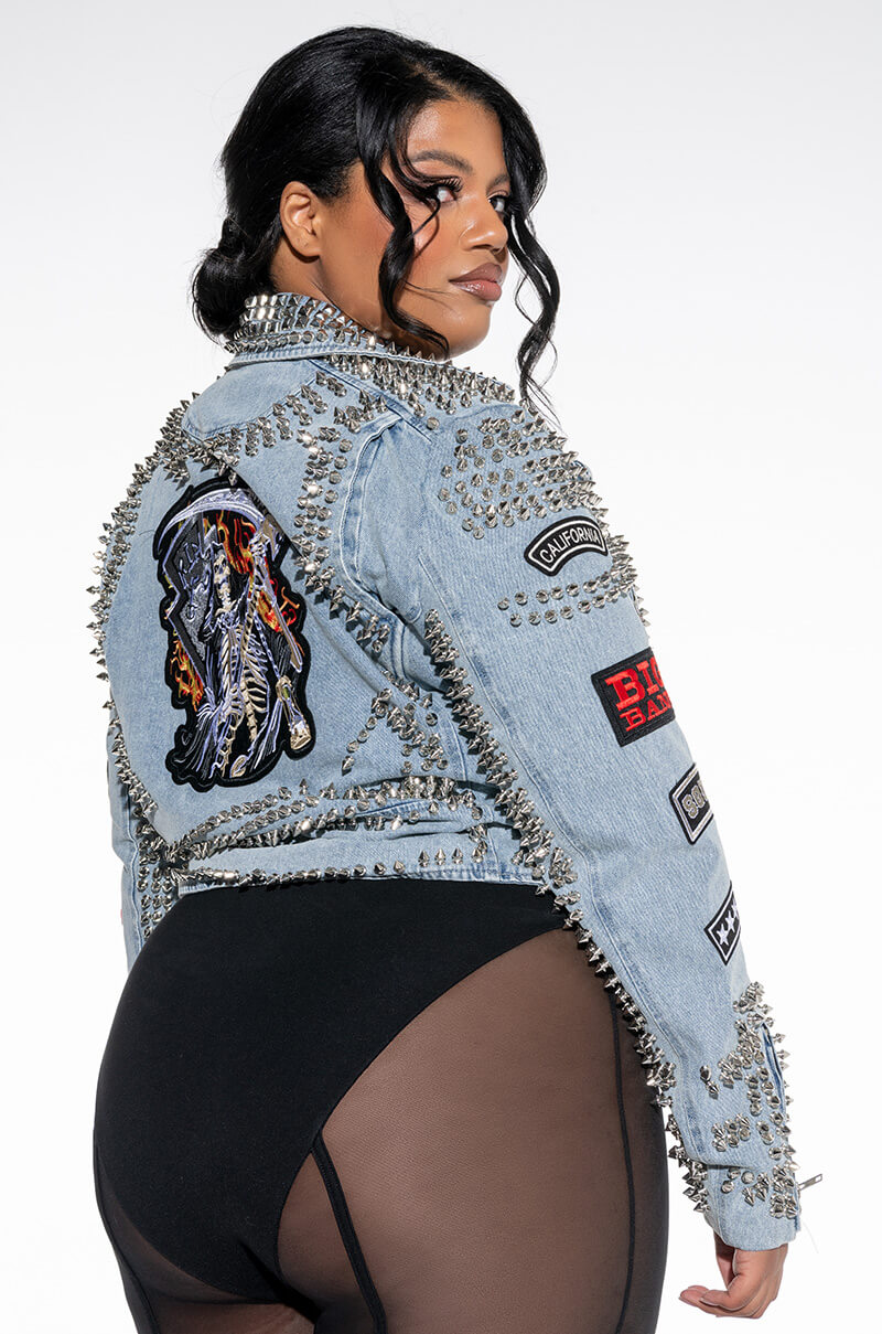 Front View Azalea Wang Acdc Studded Patchwork Denim Moto Jacket